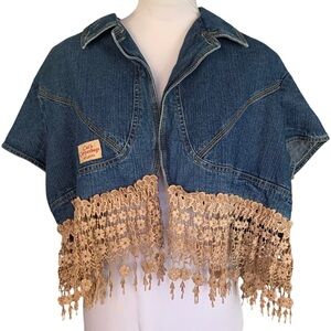 Cats Carpetbaggers Atlanta Boho Denim Jacket with Crochet Lace Fringe Sz L